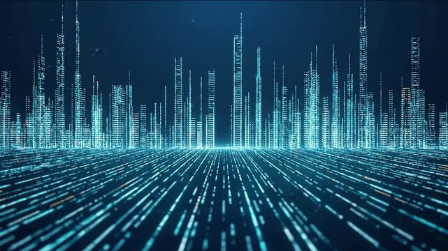 Abstract futuristic digital city made of glowing data lines and light grids. Technology background representing artificial intelligence, smart cities, big data and digital transformation.