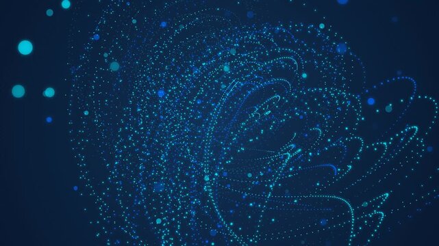 Glowing blue particles swirl in dynamic formations to represent futuristic data flow and digital network connections