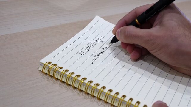Close up shot of a male hand using a black pen to write AI strategy notes about saving time in a spiral notebook. The handwritten business plan rests on a modern wooden desk near a computer keyboard.