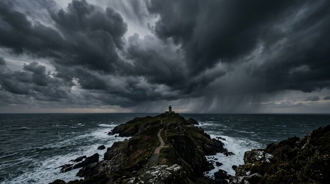 Isolated lighthouse stands against a dramatic, stormy sea with dark, heavy clouds overhead.