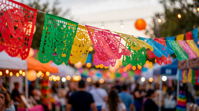 Colorful Mexican papel picado flags hanging at an outdoor street festival.