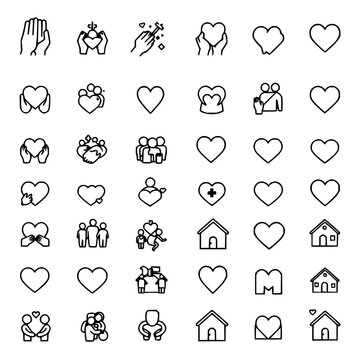 Icons set with simple black and white line art in a 6x5 grid featuring community, health, support, charity with hearts and crosses