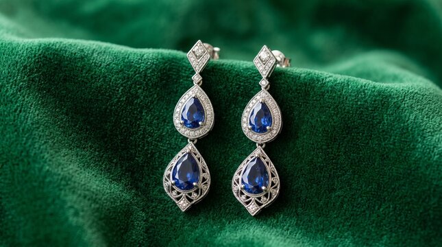 Elegant sapphire and diamond drop earrings resting on luxurious green velvet