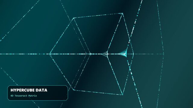 Glowing cyan hypercube data structure showing a complex 4D tesseract matrix for advanced computing technology visualization