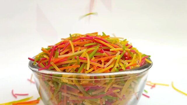 Colorful Vermicelli pasta falling in a glass bowl isolated on white background. Dry uncooked Seviyan. Multicolored Filini pasta