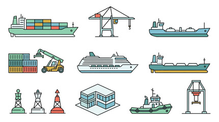 Port Infrastructure And Cargo Ships Colorful Vector Illustration © RAZU ISLAM
