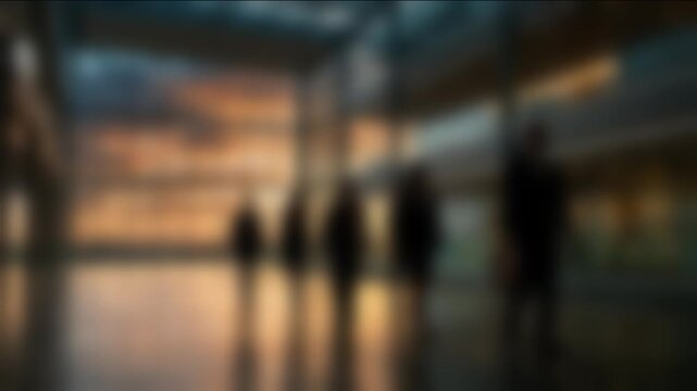 Blurred office workers moving through a modern business atrium with warm evening light. Defocused corporate background symbolizing teamwork, workplace activity and office collaboration.