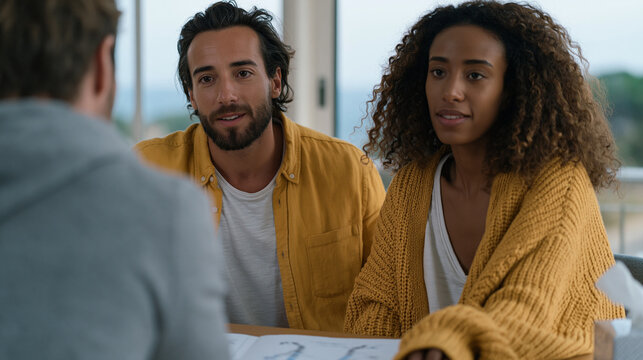 Genetic counselor seated across from a young family couple in a clinical consultation office, open chromosome karyotype diagrams on the desk between them, soft institutional