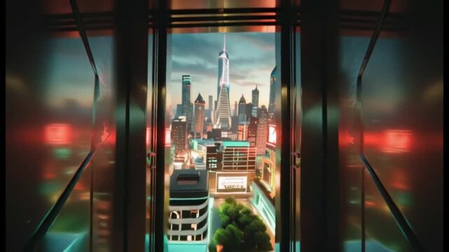 Futuristic NYC Skyscraper View from Modern Elevator - One World Trade Center