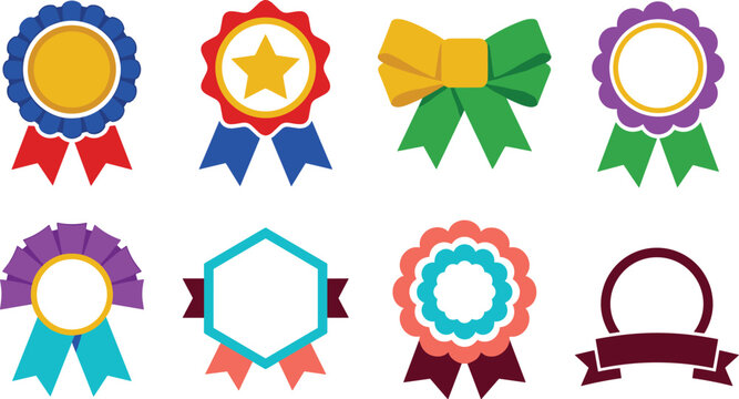 Colorful Award Badges Medals and Ribbon Rosettes Flat Vector Collection