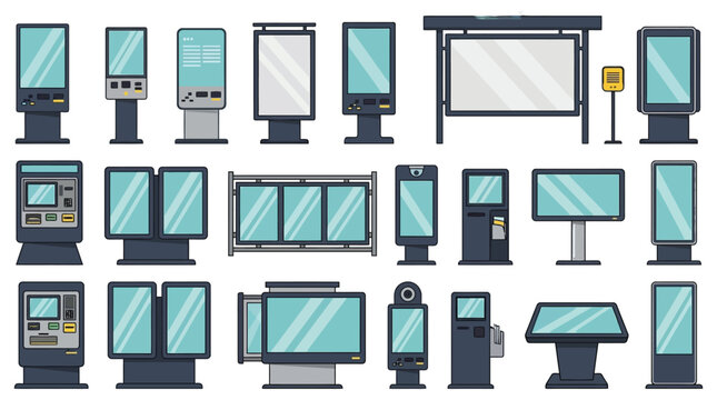 Digital kiosk collection vector illustration with light blue screens and gray bases