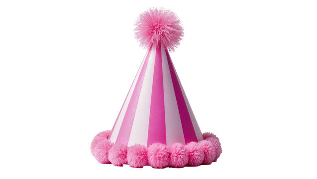 Isolated pink and white striped party hat with fluffy pom-poms for birthday celebration