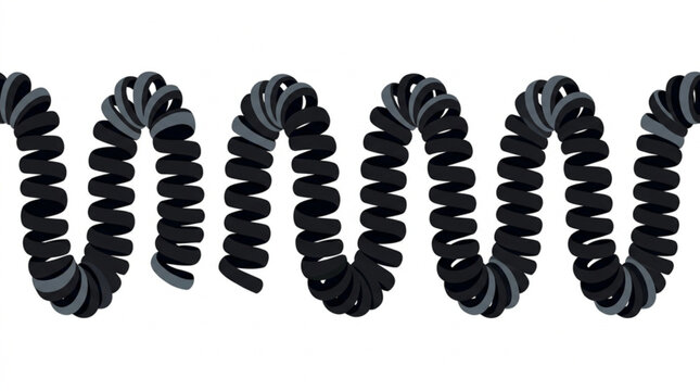 Close-up of coiled black rubber cable with shiny surface and flexible spiral shape used for electronic devices and wiring
