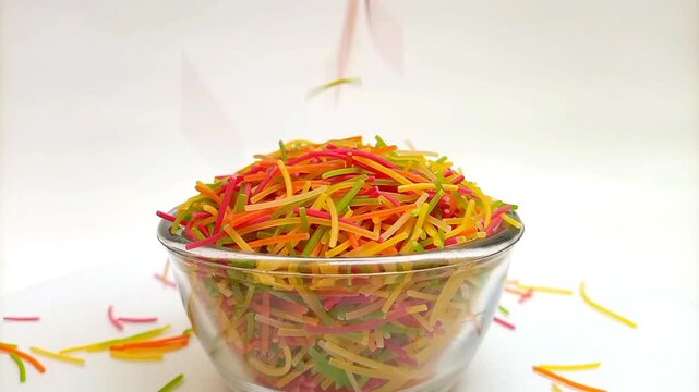 Colorful Vermicelli pasta falling in a glass bowl isolated on white background. Dry uncooked Seviyan. Multicolored Filini pasta