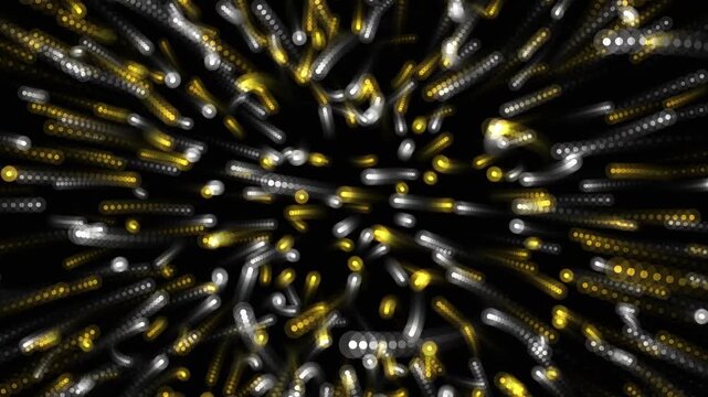 Glowing gold and silver light particles moving forward in a high speed warp drive motion effect