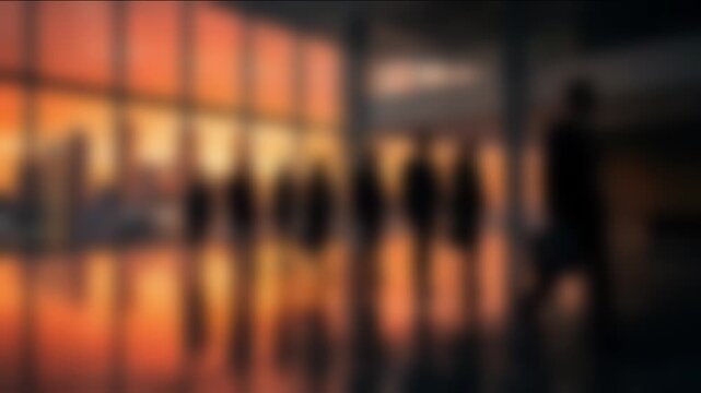 Blurred business professionals walking through a modern corporate atrium during golden hour. Defocused office background representing teamwork, business activity, workplace and corporate life.