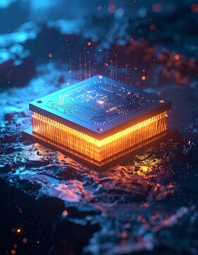 Glowing microchip on dark background.
