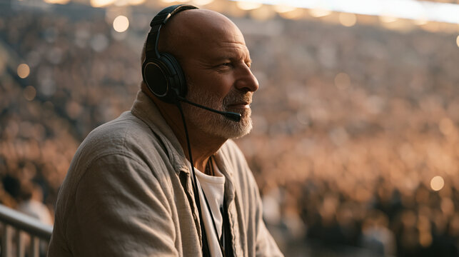 A concert security coordinator in a headset surveys the dense crowd from an elevated platform during a sold-out arena show, stage lighting flooding the scene, event management,