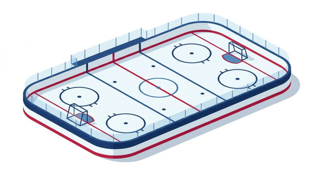 isometric view of an ice hockey rink with blue and red lines glass boards and goals in a sports arena setting