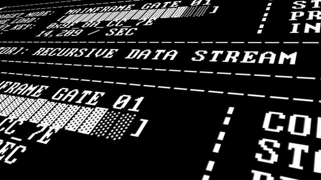 Vintage monochrome computer monitor displaying a mainframe gate system diagnostics sequence. Perfect text overlay asset for retro hacking scenes, cyber security b-roll, and sci-fi films.