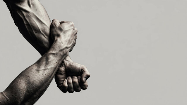 Muscular male arms crossed with clenched fists in dramatic studio lighting, suitable for fitness motivation, combat sports posters and gym ads.