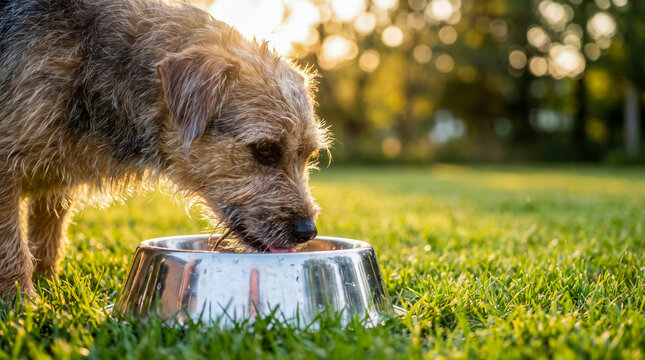 A cute scruffy terrier dog eating food from a metal bowl in a sunny garden.