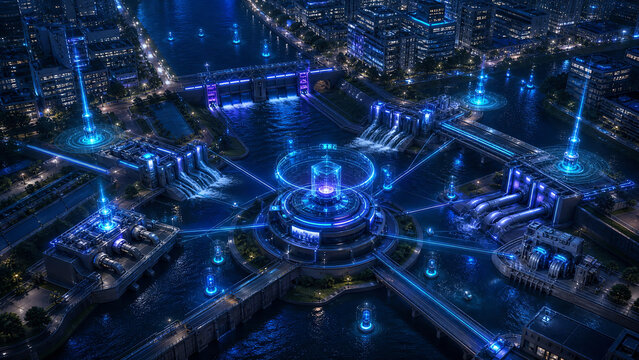 Futuristic Urban Flood Control Complex at Night