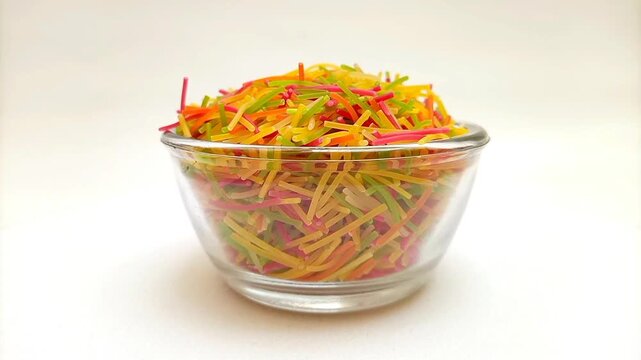 Colorful Vermicelli pasta in a glass bowl rotating on white background. Dry uncooked Seviyan. Multicolored Filini pasta