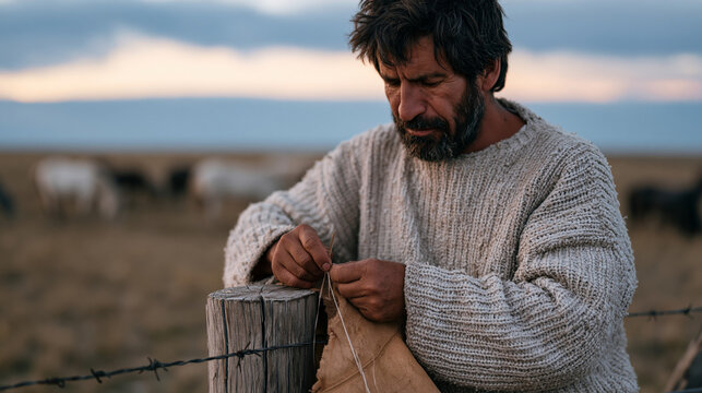 Argentinian gaucho repairing a leather saddle on a wooden fence post at dusk on an open pampas ranch, stitching needle moving through hide, horses grazing out of focus in the