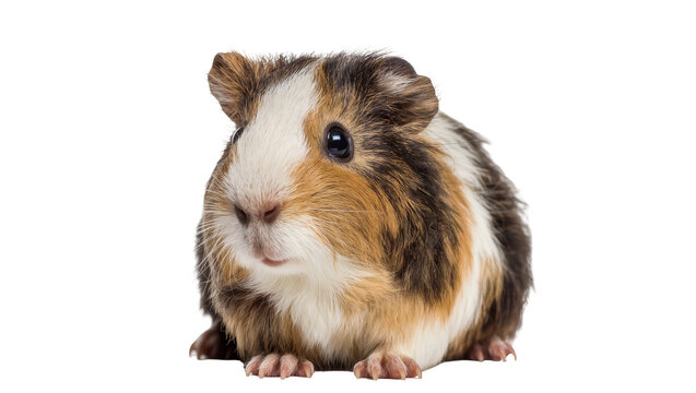 Isolated cute tricolor guinea pig looking forward, adorable domestic animal pet rodent