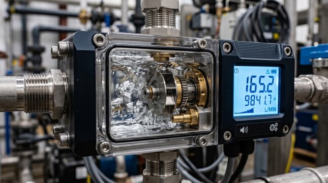 Industrial Flow Meter Monitoring Liquid Flow and Pressure