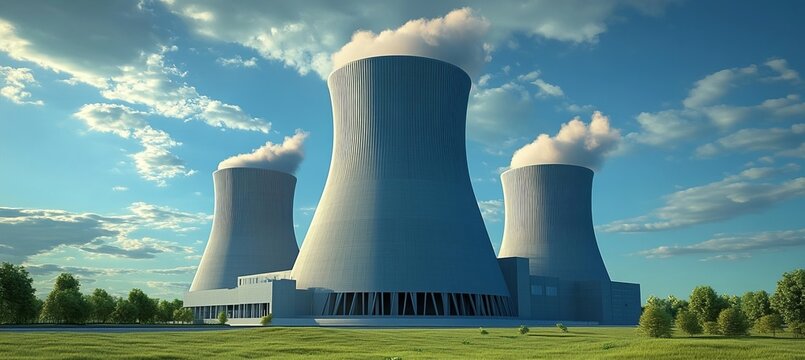 Three Architectural Tower Buildings of a Modern Industrial Power Facility Plant Site on Landscape.