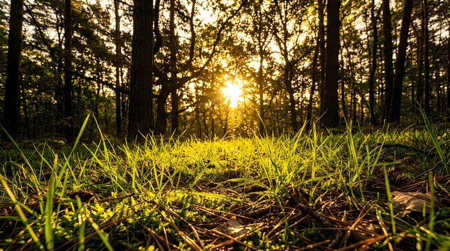 Sunlight shining through trees in a green urban garden at dawn