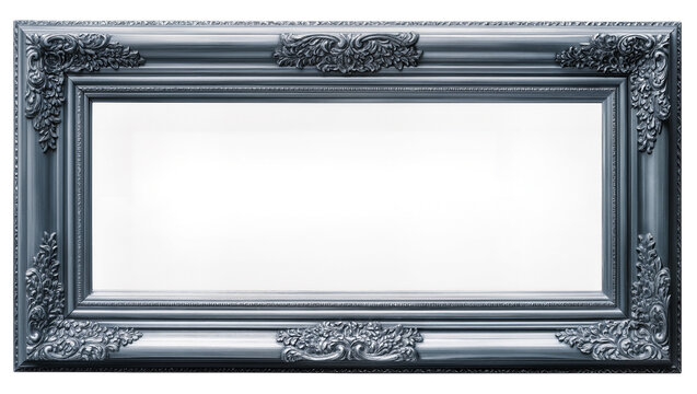 Isolated elegant ornate silver grey antique empty picture frame with classic baroque decorative design