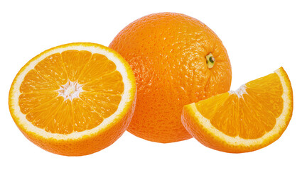 Fototapeta premium Isolated vibrant orange fruit pieces, featuring a whole fruit, a half, and a small slice