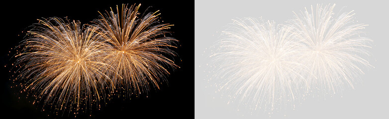 Obraz premium Golden fireworks explosion in the night sky. Festive pyrotechnic display isolated on black background