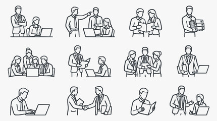 Fototapeta premium Minimalist Black and White Line Drawing Illustrations of Professional Business Meeting Scenes and Workplace Interactions