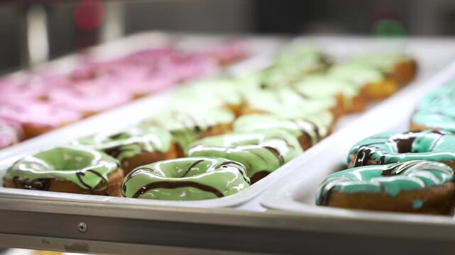 Rows of mint green and pink glazed donuts sit on metal bakery trays in a grocery bakery counter.