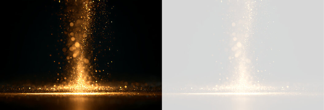 Golden glitter particles rising from a bright light source. Magical dust effect on black and transparent background