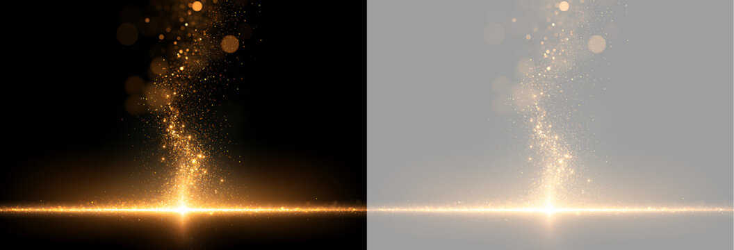 Golden light particles rising from a horizontal line. Abstract glowing dust effect on black background. Magical sparkle overlay