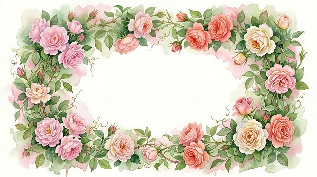 Delicate floral border with blooming roses and greenery