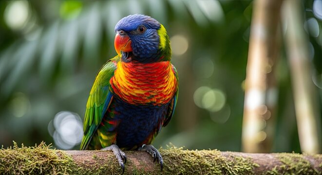 Front view of rainbow lorikeet on mossy branch.