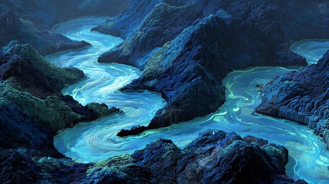 Surreal blue canyon terrain featuring glowing luminous river flowing through jagged dark rocky mountain formations with winding through textured