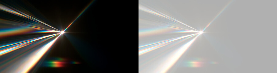 Abstract light flare with rainbow prism effect. Optical lens flare overlay on black and transparent background