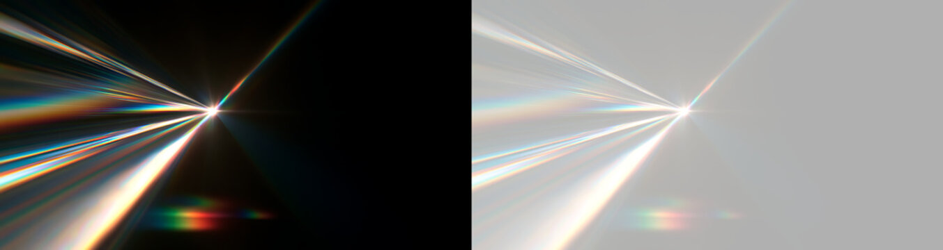 Abstract light flare with rainbow prism effect. Optical lens flare overlay on black and transparent background