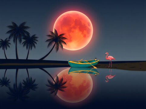 Colorful hot air balloon reflection over water at sunset with palm trees