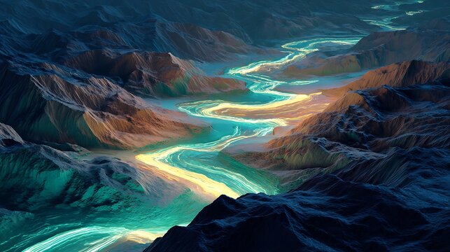 Aerial view over glowing winding river through dark mountainous terrain in surreal digital landscape with shadowed mountain ranges under mystical ambient glow