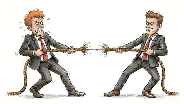 Two businessmen pulling a plant apart in argument