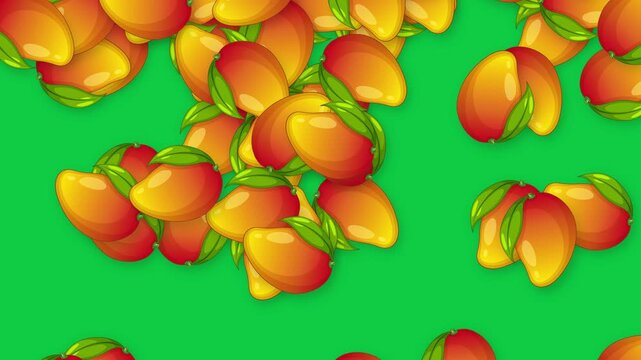 Animated Ripe Mangoes Falling Downward Against a Solid Green Background