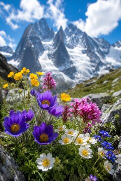Vibrant alpine wildflowers bloom in the foreground with a majestic snow-capped mountain range in the background under a clear blue sky.